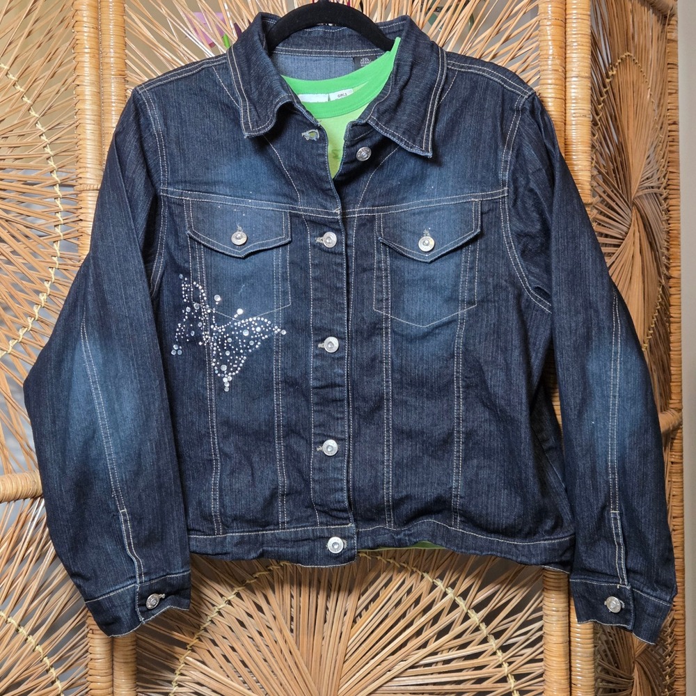 Y2K Vtg Arizona Girl XXL 16 jr Small Denim Jean Jacket Blue Rhinestone Butterfly
